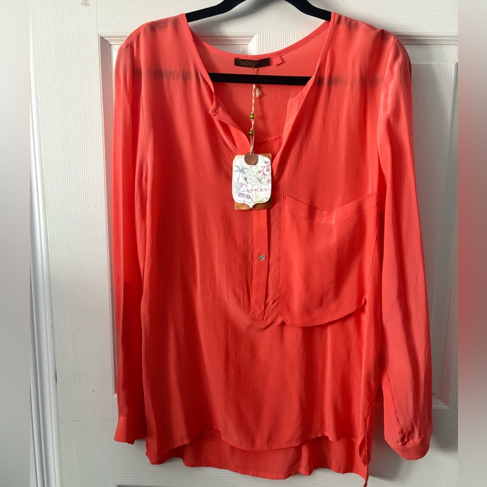 NWT 100% Silk Sack’s Vibrant Coral Blouse